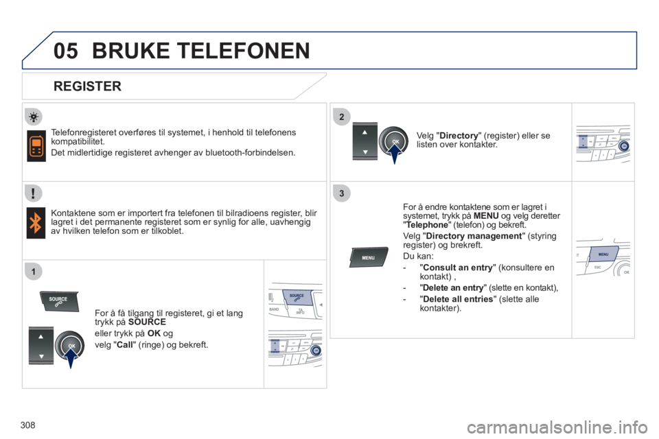Peugeot 508 2011  Brukerhåndbok (in Norwegian) 308
 
  
2
3
1
05BRUKE TELEFONEN 
   
REGISTER 
 
 
Telefonregisteret overføres til systemet, i henhold til telefonens 
kompatibilitet. 
  Det midlertidi
ge registeret avhenger av bluetooth-forbindel