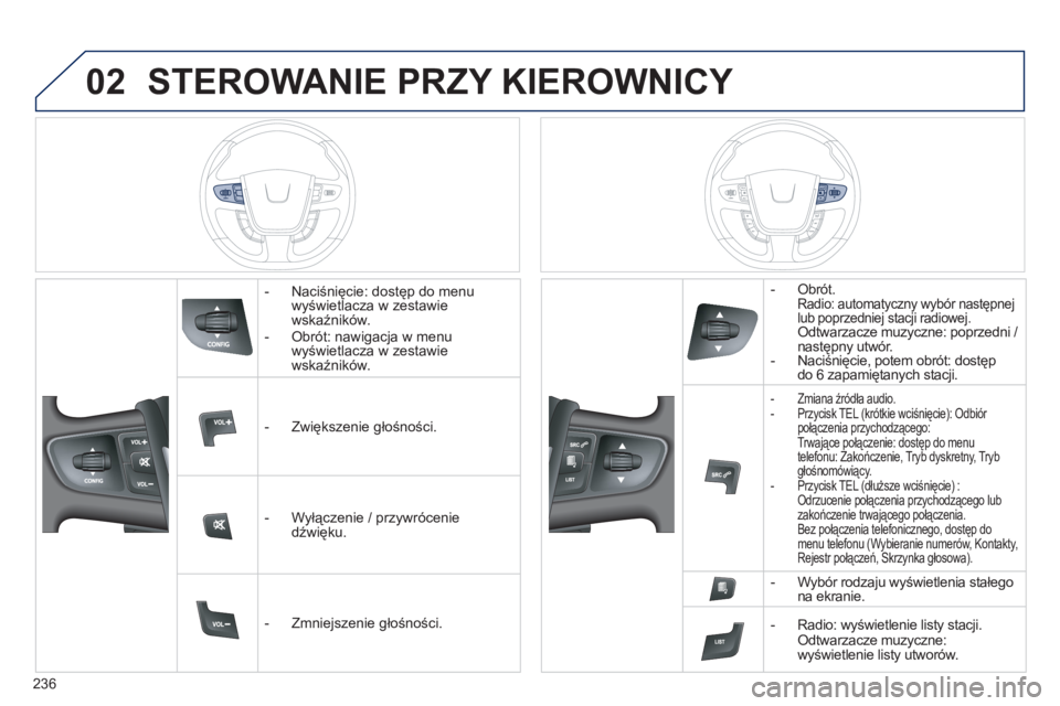 Peugeot 508 2011 Instrukcja Obsługi (in Polish) 236
02STEROWANIE PRZY KIEROWNICY
- Naciśnięcie: dostęp do menu
wyświetlacza w zestawie
w
skaźników.
- Obrót: nawigacja w menu
wyświetlacza w zestawie
wskaźników.
- Zwi Peugeot 508 2011 Instrukcja Obsługi (in Polish) 236
02STEROWANIE PRZY KIEROWNICY
- Naciśnięcie: dostęp do menu
wyświetlacza w zestawie
w
skaźników.
- Obrót: nawigacja w menu
wyświetlacza w zestawie
wskaźników.
- Zwi