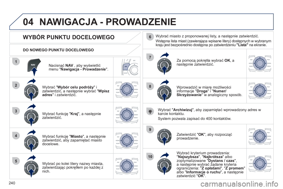 Peugeot 508 2011  Instrukcja Obsługi (in Polish) 240
04
1
2
3
4
5
7
9
10
8
6
Nacisnąć  NAV 
 , aby wyświetlić
menu " Nawigacja - Prowadzenie".
   
DO NOWEGO PUNKTU DOCELOWEGO 
NAWIGACJA - PROWADZENIE 
 
 
 
 
 
 
 
 
 
 
 
 
WYBÓR PUNKTU DOCELO