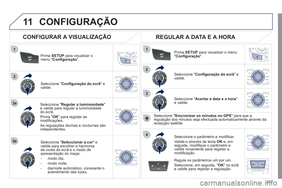 Peugeot 508 2011 Manual do proprietário (in Portuguese) 277
11
1
2
3a
3b
1
2
3
4
CONFIGURAÇÃO
Prima SETUP
para visualizar o
menu " Confi guração
".
Seleccione " Regular a luminosidade
"
e valide para regular a luminosidade
do ecr Peugeot 508 2011 Manual do proprietário (in Portuguese) 277
11
1
2
3a
3b
1
2
3
4
CONFIGURAÇÃO
Prima SETUP
para visualizar o
menu " Confi guração
".
Seleccione " Regular a luminosidade
"
e valide para regular a luminosidade
do ecr