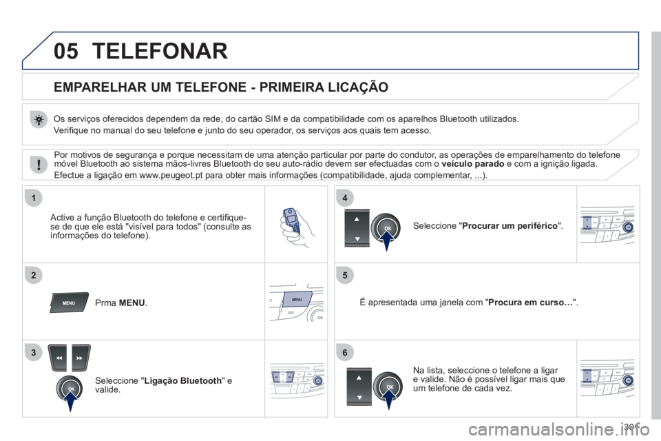 Peugeot 508 2011  Manual do proprietário (in Portuguese) 301
05
1
25
3
4
6
  TELEFONAR 
 
 
 
 
 
 
 
 
 
 
 
 
EMPARELHAR UM TELEFONE - PRIMEIRA LICAÇÃO 
 
 
Os serviços oferecidos dependem da rede, do cartão SIM e da compatibilidade com os aparelhos B