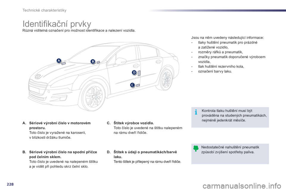 Peugeot 508 2011  Návod k obsluze (in Czech) 228
i
Technické charakteristiky
   
 
 
 
 
 
 
 
 
 
 
 
 
 
 
 
 
 
 
 
 
 
 
Identiﬁ kační prvky Různá viditelná označení pro možnost identifikace a nalezení vozidla.
A.Sériové výrob