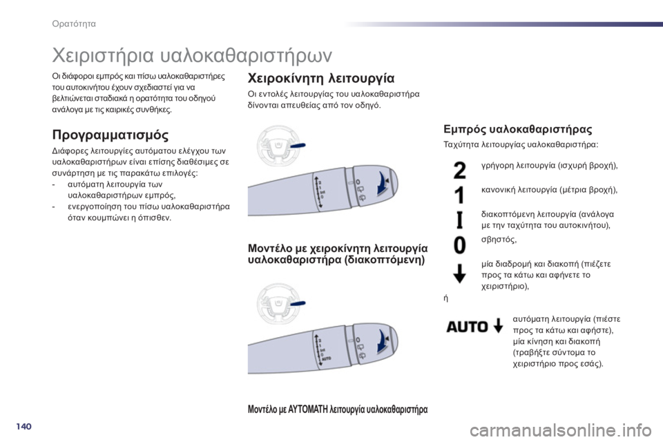 Peugeot 508 2011  Εγχειρίδιο χρήσης (in Greek) 140
Ορατότητα
   
 
 
 
 
 
 
 
Χειριστήρια υαλοκαθαριστήρων 
Προγραμματισμός
 
Διάφορες λειτουργίες αυτόματου ελέγχ