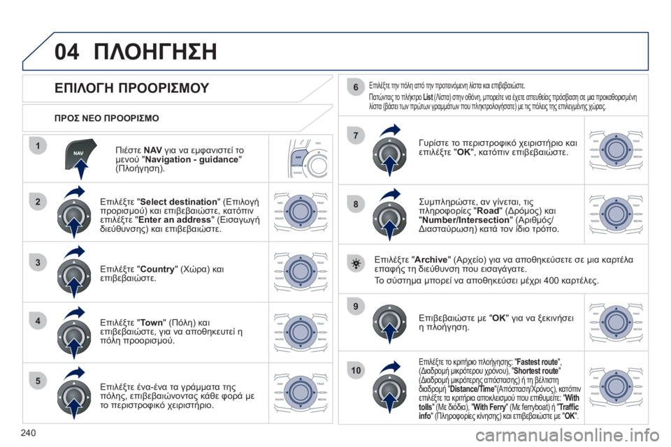 Peugeot 508 2011  Εγχειρίδιο χρήσης (in Greek) 240
04
1
2
3
4
5
7
9
10
8
6
Πιέστε NAV 
 για να εμφανιστεί το
μενού " Navigation - guidance 
" (Πλοήγηση).    
ΠΡΟΣ ΝΕΟ ΠΡΟΟΡΙΣΜΟ 
 
ΠΛΟΗΓΗΣ