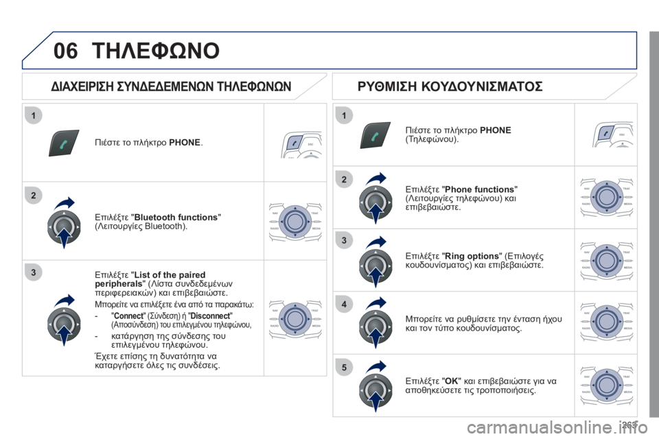 Peugeot 508 2011  Εγχειρίδιο χρήσης (in Greek) 263
1
2
3
1
2
3
4
5
06
Πιέστε το πλήκτρο  PHONE.
Επιλέξτε "List of the pairedperipherals" (Λίστα συνδεδεμένων
περιφερειακών) και επιβεβα