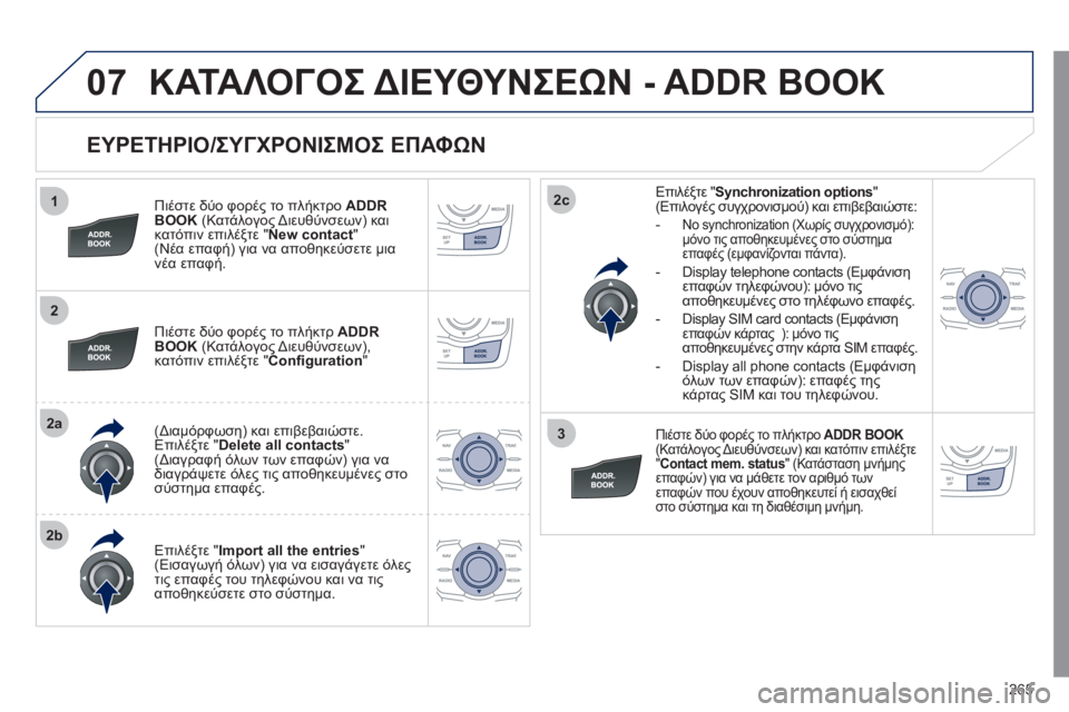Peugeot 508 2011  Εγχειρίδιο χρήσης (in Greek) 265
1
2
2a
2b
2c
3
07
   
ΕΥΡΕΤΗΡΙΟ/ΣΥΓΧΡΟΝΙΣΜΟΣ ΕΠΑΦΩΝ 
 
 
Πιέστε δύο φορές το πλήκτρο ADDRBOOK (Κατάλογος Διευθύνσεων) και 
