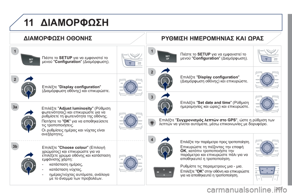 Peugeot 508 2011  Εγχειρίδιο χρήσης (in Greek) 277
11
1
2
3a
3b
1
2
3
4
ΔΙΑΜΟΡΦΩΣΗ 
Πιέστε το SETUPγια να εμφανιστεί το 
μενού " Conﬁ guration 
" (Διαμόρφωση).  
Επιλέ
ξτε "Adjust luminos