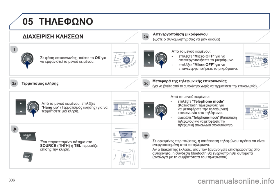 Peugeot 508 2011  Εγχειρίδιο χρήσης (in Greek) 306
 
1
2a2c
2b
05ΤΗΛΕΦΩΝΟ
Σε φάση επικοινωνίας, πιέστε το  OKγια 
να εμφανιστεί το μενού κειμένου.  
   
Τερματισμό
ς κλή