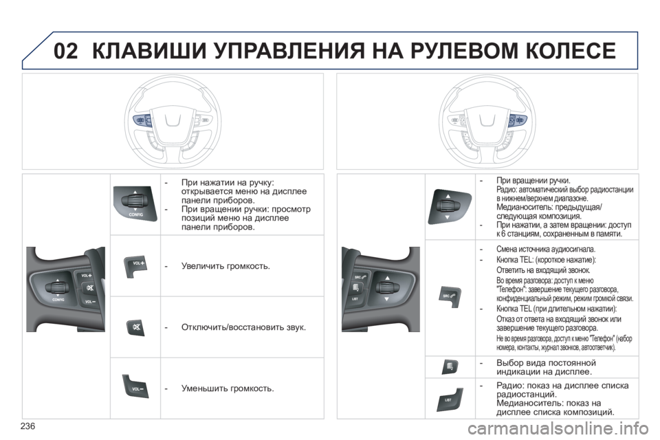 Peugeot 508 2011 Инструкция по эксплуатации (in Russian) 236
02КЛАВИШИ УПРАВЛЕНИЯ НА РУЛЕВОМ КОЛЕСЕ
- При нажатии на ручку:открывается меню на дисплеепанели приборо Peugeot 508 2011 Инструкция по эксплуатации (in Russian) 236
02КЛАВИШИ УПРАВЛЕНИЯ НА РУЛЕВОМ КОЛЕСЕ
- При нажатии на ручку:открывается меню на дисплеепанели приборо