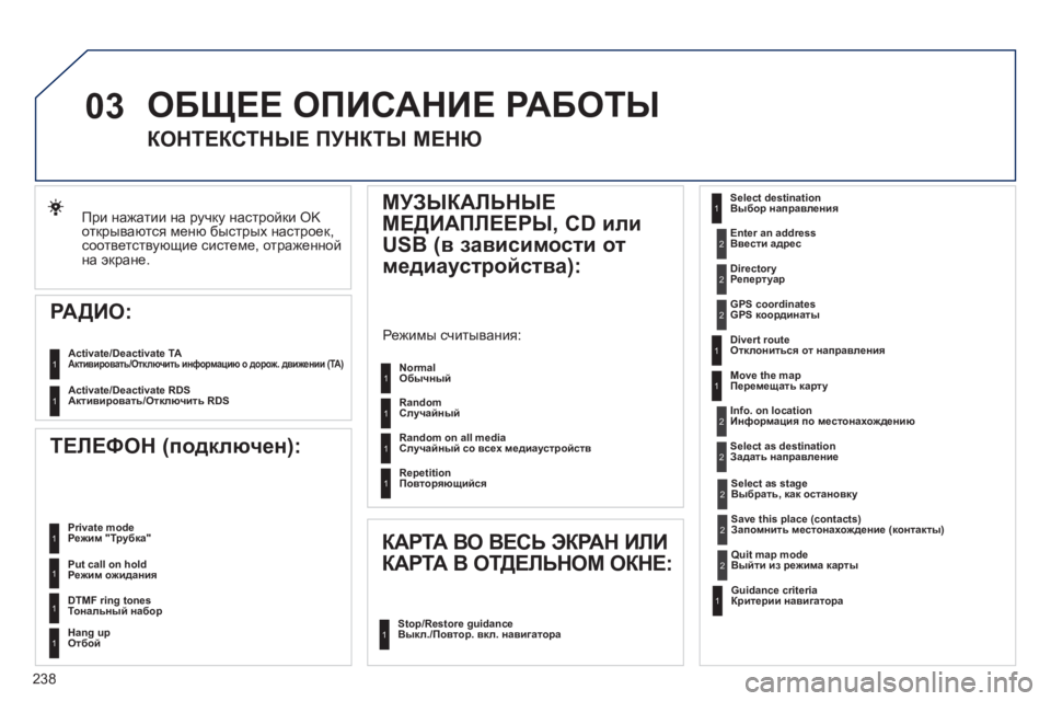 Peugeot 508 2011 Инструкция по эксплуатации (in Russian) 238
03
При нажатии на ручку настройки OK
открываются меню быстрых настроек, соответствующие системе, отраженной Peugeot 508 2011 Инструкция по эксплуатации (in Russian) 238
03
При нажатии на ручку настройки OK
открываются меню быстрых настроек, соответствующие системе, отраженной