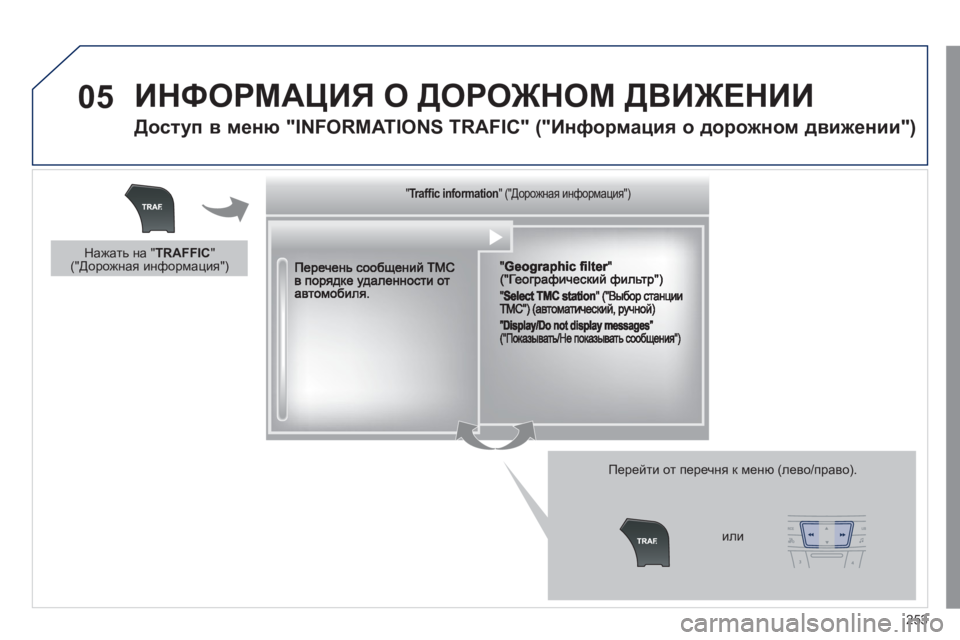 Peugeot 508 2011  Инструкция по эксплуатации (in Russian) 253
05  ИНФОРМАЦИЯ О ДОРОЖНОМ ДВИЖЕНИИ 
 
 
Доступ в меню "INFORMATIONS TRAFIC" ("Информация о дорожном движении") 
Перейти от