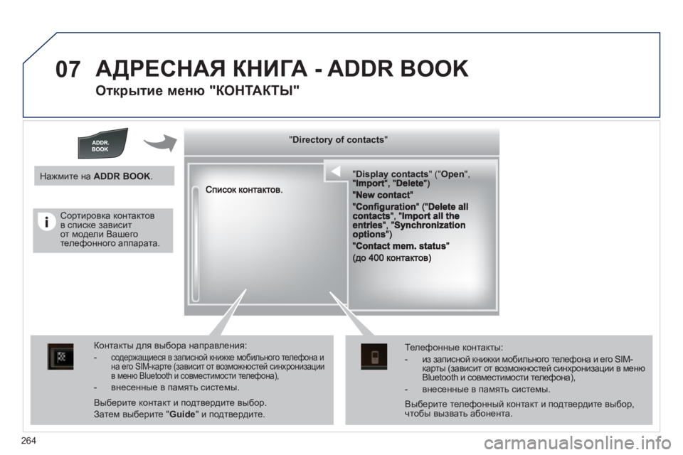 Peugeot 508 2011 Инструкция по эксплуатации (in Russian) 264
07 АДРЕСНАЯ КНИГА - ADDR BOOK
Открытие меню "КОНТАКТЫ"
""""""""yyyyyDirectory of contactsDirectory of contactsDirectory of contactsDirectory of contacts Peugeot 508 2011 Инструкция по эксплуатации (in Russian) 264
07 АДРЕСНАЯ КНИГА - ADDR BOOK
Открытие меню "КОНТАКТЫ"
""""""""yyyyyDirectory of contactsDirectory of contactsDirectory of contactsDirectory of contacts