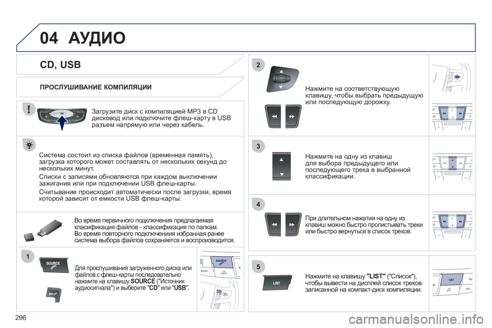 Peugeot 508 2011 Инструкция по эксплуатации (in Russian) 296
04
1
3
2
4
5
CD, USB
АУДИО
ПРОСЛУШИВАНИЕ КОМПИЛЯЦИИ
Загрузите диск с компиляцией MP3 в CD
дисковод Peugeot 508 2011 Инструкция по эксплуатации (in Russian) 296
04
1
3
2
4
5
CD, USB
АУДИО
ПРОСЛУШИВАНИЕ КОМПИЛЯЦИИ
Загрузите диск с компиляцией MP3 в CD
дисковод