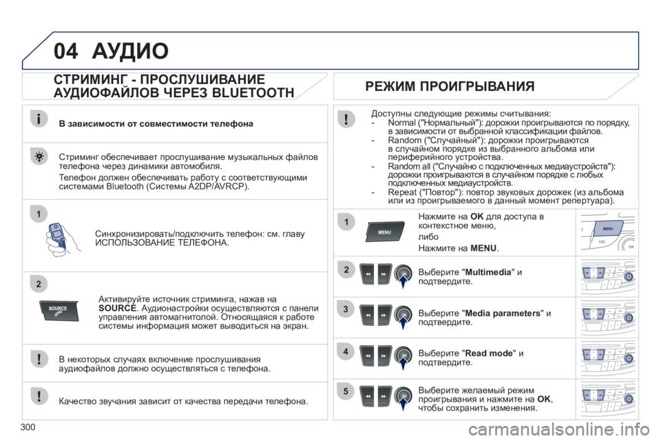 Peugeot 508 2011 Инструкция по эксплуатации (in Russian) 300
04
1
2
1
2
3
4
5
АУДИО
СТРИМИНГ - ПРОСЛУШИВАНИЕ
АУДИОФАЙЛОВ ЧЕРЕЗ BLUETOOTH
В зависимости от совместимости те Peugeot 508 2011 Инструкция по эксплуатации (in Russian) 300
04
1
2
1
2
3
4
5
АУДИО
СТРИМИНГ - ПРОСЛУШИВАНИЕ
АУДИОФАЙЛОВ ЧЕРЕЗ BLUETOOTH
В зависимости от совместимости те
