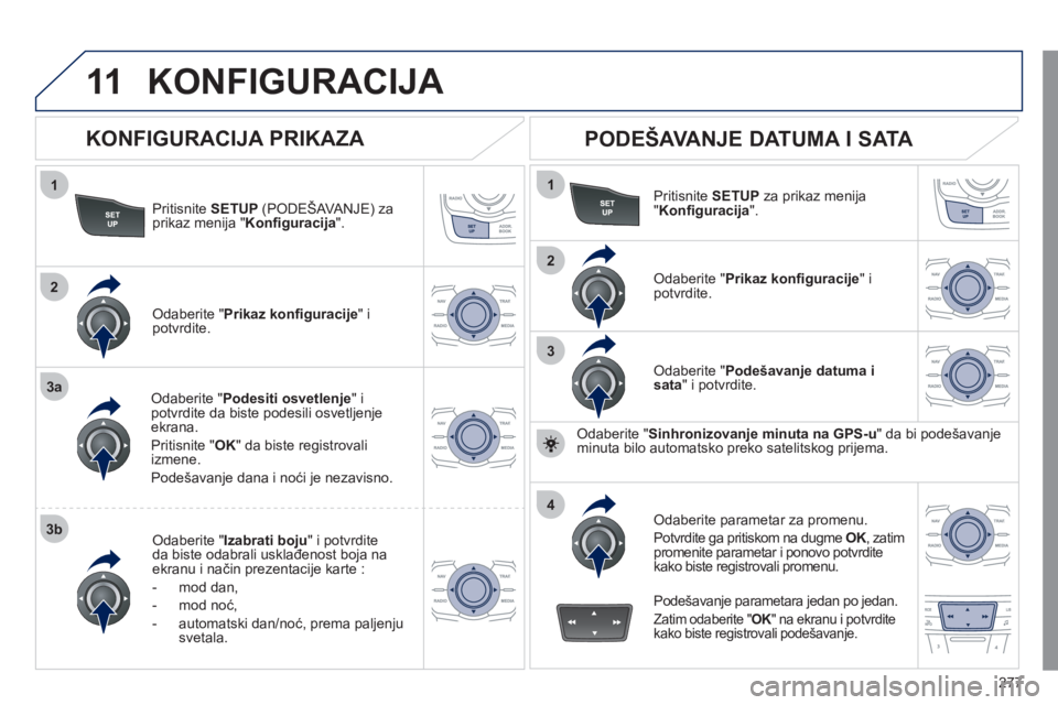 Peugeot 508 2011  Упутство за употребу (in Serbian) 277
11
1
2
3a
3b
1
2
3
4
KONFIGURACIJA 
Pritisnite SETUP(PODEŠAVANJE) za
prikaz menija "  Konﬁ guracija".
Odaberite "Podesiti osvetlenje 
" ipotvrdite da biste podesili osvetljenje ekrana. 
Pritisn