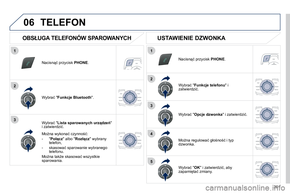 Peugeot 508 2010.5  Instrukcja Obsługi (in Polish) �2�6�1
1
2
3
1
2
3
4
5
06
� � �N�a�c�i�s�n"�ć� �p�r�z�y�c�i�s�k� � PHONE� �.� � 
� � �W�y�b�r�a�ć� �"� �L�i�s�t�a� �s�p�a�r�o�w�a�n�y�c�h� �u�r�z"�d�z�e1� �"� �i� �z�a�t�w�i�e�r�d