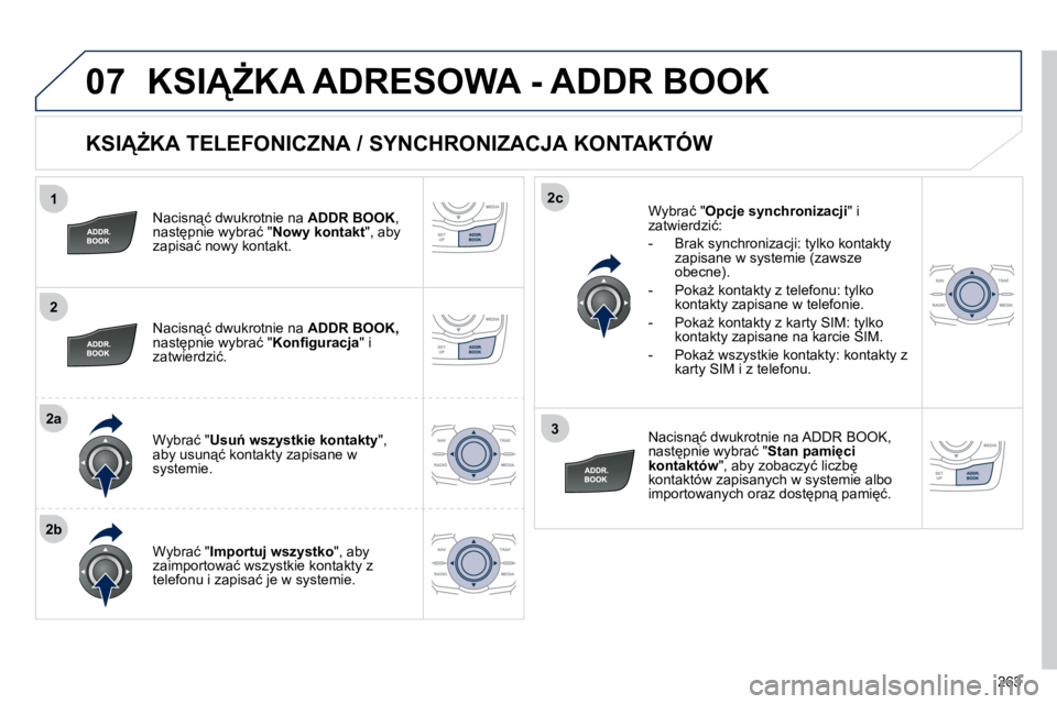 Peugeot 508 2010.5  Instrukcja Obsługi (in Polish) �2�6�3
1
2
2a
2b
2c
3
07
� � �K�S�IF�K�A� �T�E�L�E�F�O�N�I�C�Z�N�A� �/� �S�Y�N�C�H�R�O�N�I�Z�A�C�J�A� �K�O�N�T�A�K�T�Ó�W� 
� � �N�a�c�i�s�n"�ć� �d�w�u�k�r�o�t�n�i�e� �n�a� � ADDR BOOK� �,� �