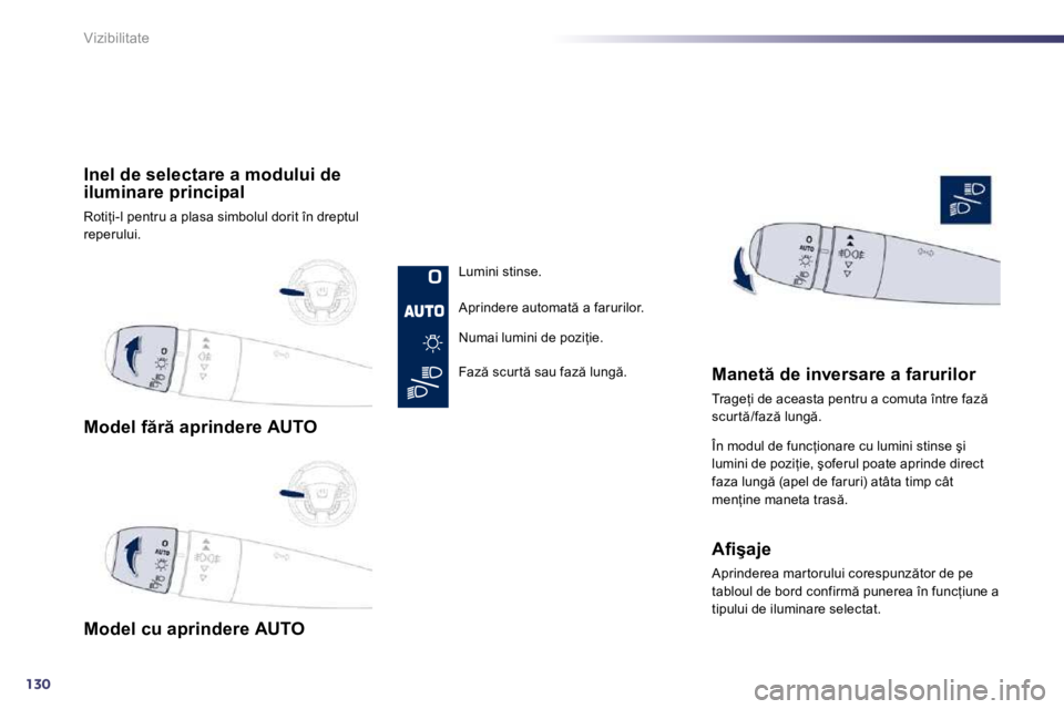 Peugeot 508 2010.5  Manualul de utilizare (in Romanian) 130
Vizibilitate
� � � �M�o�d�e�l� �f �r � �a�p�r�i�n�d�e�r�e� �A�U�T�O� � � 
� � � �M�o�d�e�l� �c�u� �a�p�r�i�n�d�e�r�e� �A�U�T�O� � � 
� � � �I�n�e�l� �d�e� �s�e�l�e�c�t�a�r�e� �a� �m�o�d�u�l�u�i�
