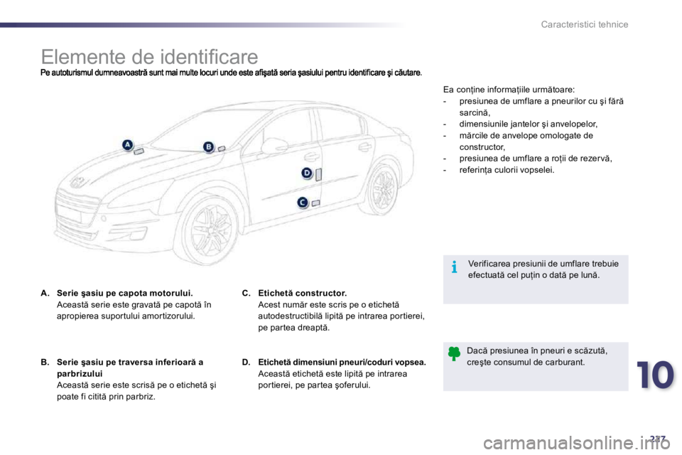 Peugeot 508 2010.5  Manualul de utilizare (in Romanian) 10
227
i
Caracteristici tehnice
                           
�E�l�e�m�e�n�t�e� �d�e� �i�d�e�n�t�i�ﬁ� �c�a�r�e� 
�A�.    �S�e�r�i�e� �ş�a�s�i�u� �p�e� �c�a�p�o�t�a� �m�o�t�o�r�u�l�u�i�.�  �A�c�e�a�s�