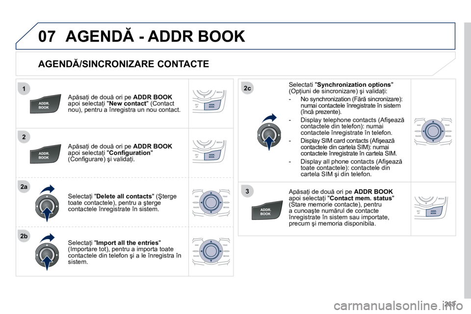Peugeot 508 2010.5  Manualul de utilizare (in Romanian) �2�6�3
1
2
�2�a
�2�b
�2�c
3
07
� � �A�G�E�N�D�/�S�I�N�C�R�O�N�I�Z�A�R�E� �C�O�N�T�A�C�T�E� 
� � �A�p �s�a=�i� �d�e� �d�o�u � �o�r�i� �p�e� � �A�D�D�R� �B�O�O�K�a�p�o�i� �s�e�l�e�c�t�a=�i� �"
