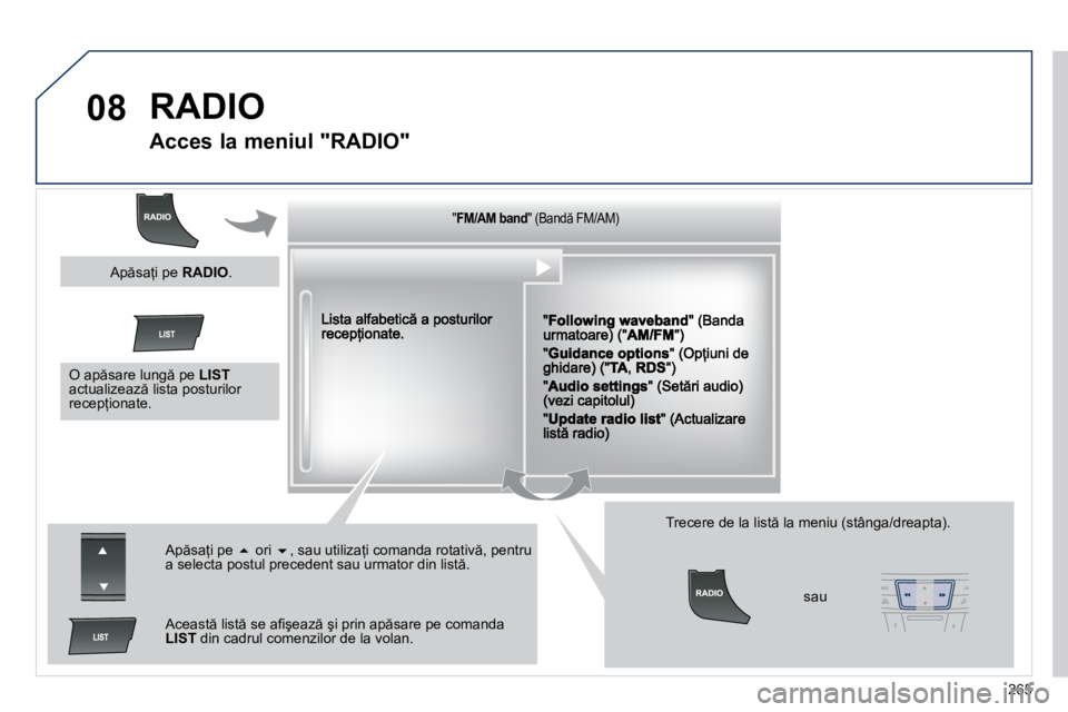 Peugeot 508 2010.5  Manualul de utilizare (in Romanian) �2�6�5
08� �R�A�D�I�O� 
       
�A�c�c�e�s� �l�a� �m�e�n�i�u�l� �"�R�A�D�I�O�"� 
� � �"� � � �"� � � �"� � � �"� � � �"� � � �"� � � �"� � � �"� � � �"� � �
