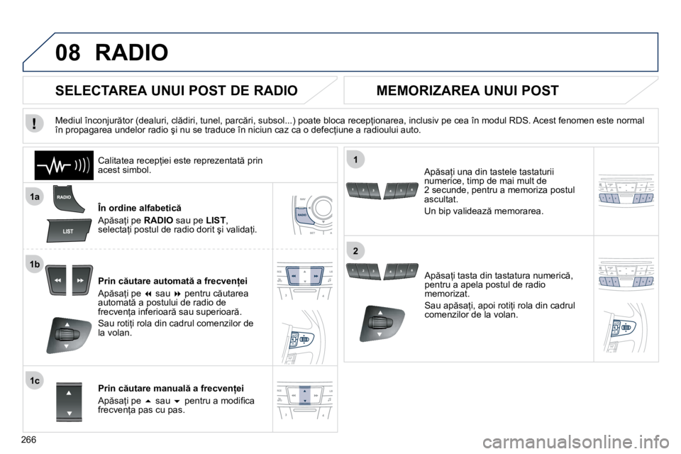 Peugeot 508 2010.5  Manualul de utilizare (in Romanian) �2�6�6
08
�1�a
�1�b
�1�c
1
2
� �R�A�D�I�O� 
� � �Î�n� �o�r�d�i�n�e� �a�l�f�a�b�e�t�i�c � 
� �A�p �s�a=�i� �p�e� � �R�A�D�I�O�  sau pe � �L�I�S�T , �s�e�l�e�c�t�a=�i� �p�o�s�t�u�l� �d�e� �r�a�d�i�