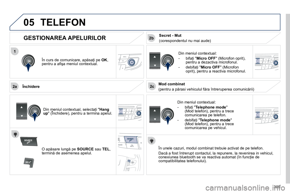 Peugeot 508 2010.5  Manualul de utilizare (in Romanian) 305
 
1
2a2c
2b
05 TELEFON 
� � �Î�n� �c�u�r�s� �d�e� �c�o�m�u�n�i�c�a�r�e�,� �a�p �s�a=�i� �p�e� � OK , �p�e�n�t�r�u� �a� �a�ﬁ� �ş�a� �m�e�n�i�u�l� �c�o�n�t�e�x�t�u�a�l�.� � 
  Închidere 
� � 