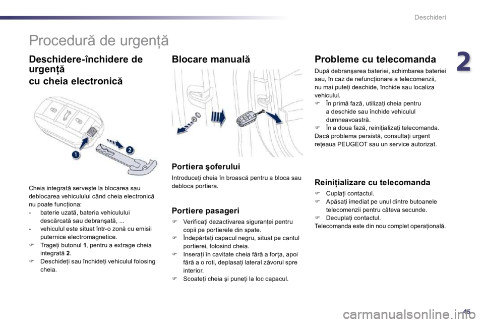 Peugeot 508 2010.5  Manualul de utilizare (in Romanian) 245
Deschideri
      
�P�r�o�c�e�d�u�r � �d�e� �u�r�g�e�n= � 
  Deschidere-închidere de 
�u�r�g�e�n  � � 
�c�u� �c�h�e�i�a� �e�l�e�c�t�r�o�n�i�c � 
� �C�h�e�i�a� �i�n�t�e�g�r�a�t � �s�e�r �v�e