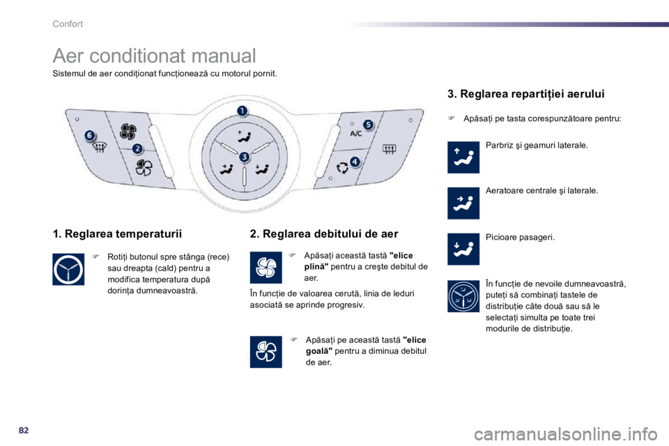 Peugeot 508 2010.5  Manualul de utilizare (in Romanian) 82
Confort 
� �A�e�r� �c�o�n�d�i�t�i�o�n�a�t� �m�a�n�u�a�l� 
�S�i�s�t�e�m�u�l� �d�e� �a�e�r� �c�o�n�d�i=�i�o�n�a�t� �f�u�n�c=�i�o�n�e�a�z � �c�u� �m�o�t�o�r�u�l� �p�o�r�n�i�t�.� � 
� � �1�.� �R�e�g