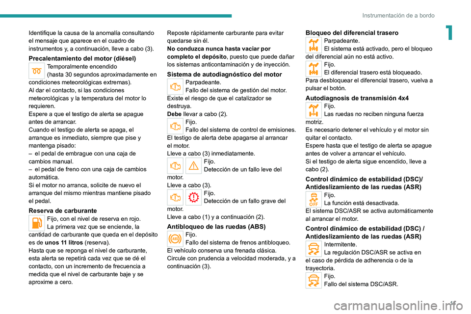 Peugeot Landtrek 2021  Manual del propietario (in Spanish) 11
Instrumentación de a bordo
1Identifique la causa de la anomalía consultando 
el mensaje que aparece en el cuadro de 
instrumentos y, a continuación, lleve a cabo (3).
Precalentamiento del motor 