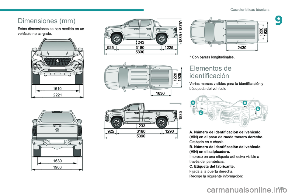 Peugeot Landtrek 2021  Manual del propietario (in Spanish) 135
Características técnicas
9Dimensiones (mm)
Estas dimensiones se han medido en un 
vehículo no cargado.
 
 
 
 
 
 
 
 
 
 
 
 
* Con barras longitudinales.
Elementos de 
identificación
Varias 