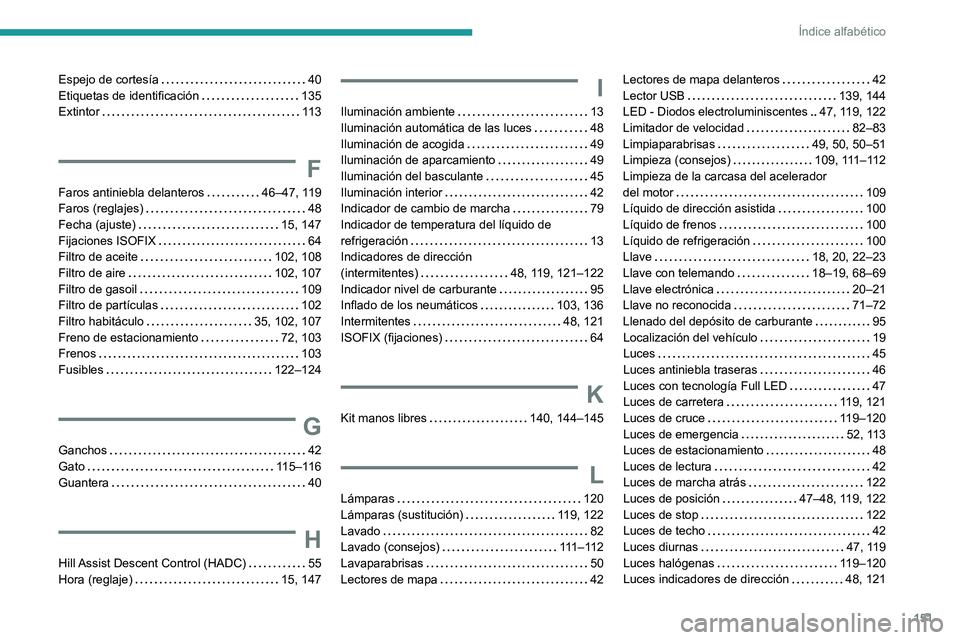 Peugeot Landtrek 2021 Manual del propietario (in Spanish) 151
Índice alfabético
Espejo de cortesía 40
Etiquetas de identificación
135
Extintor
11 3
F
Faros antiniebla delanteros 46–47, 119
Faros (reglajes)
48
Fecha (ajuste)
1 Peugeot Landtrek 2021 Manual del propietario (in Spanish) 151
Índice alfabético
Espejo de cortesía 40
Etiquetas de identificación
135
Extintor
11 3
F
Faros antiniebla delanteros 46–47, 119
Faros (reglajes)
48
Fecha (ajuste)
1