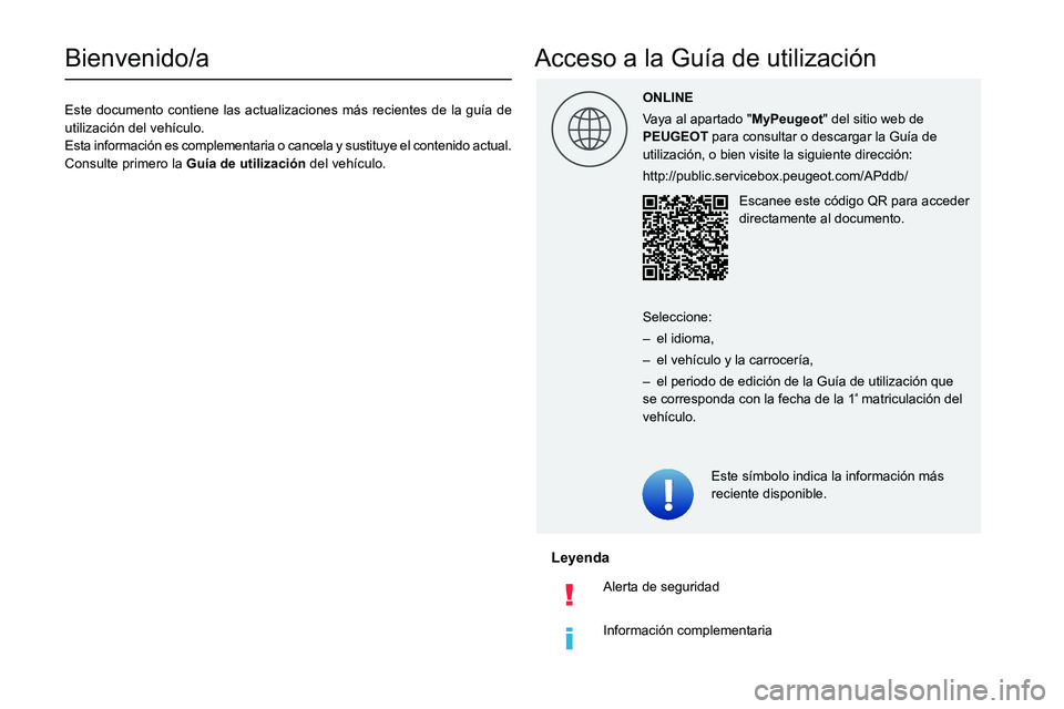 Peugeot Landtrek 2021  Manual del propietario (in Spanish)   
 
 
 
 
 
 
 
  
Bienvenido/a
Este documento contiene las actualizaciones más recientes de la guía de 
utilización del vehículo.
Esta información es complementaria o cancela y sustituye el con