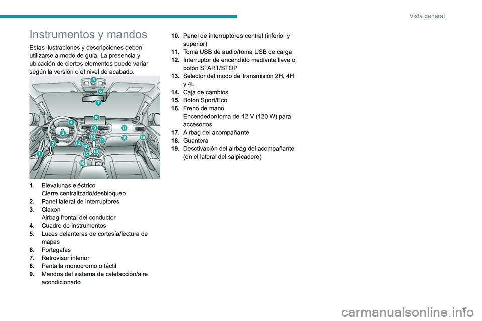 Peugeot Landtrek 2021  Manual del propietario (in Spanish) 1
Vista general
Instrumentos y mandos
Estas ilustraciones y descripciones deben 
utilizarse a modo de guía. La presencia y 
ubicación de ciertos elementos puede variar 
según la versión o el nivel