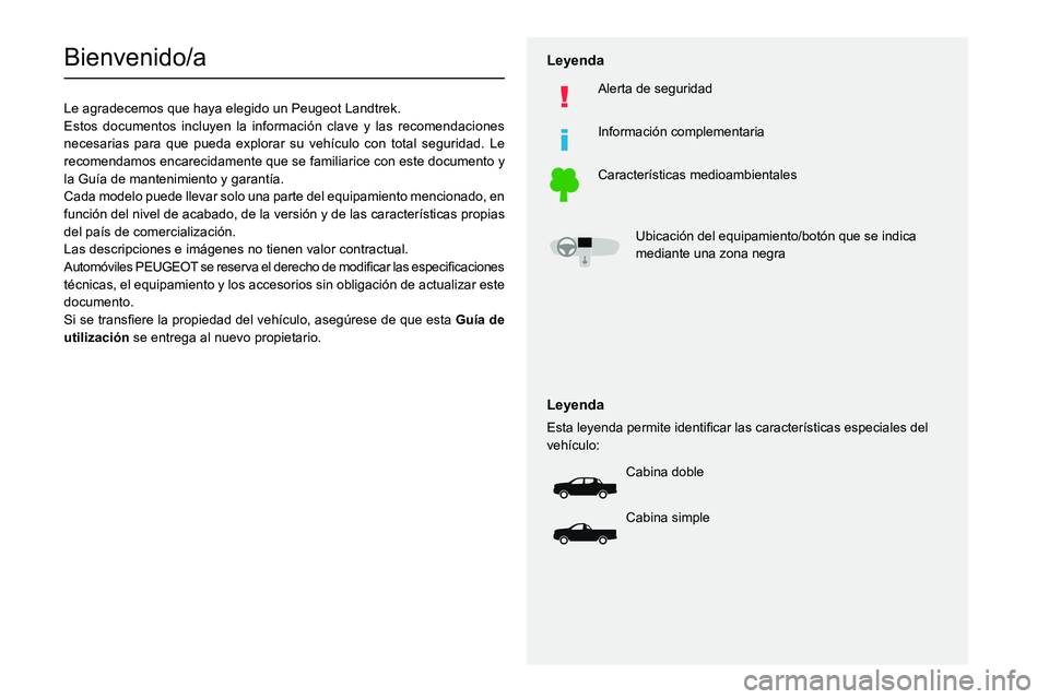 Peugeot Landtrek 2021  Manual del propietario (in Spanish)   
 
 
 
 
 
  
  
 
   
 
   
 
  
 
 
 
   
 
 
  
Bienvenido/a
Le agradecemos que haya elegido un Peugeot Landtrek.
Estos documentos incluyen la información clave y las recomendaciones 
necesarias