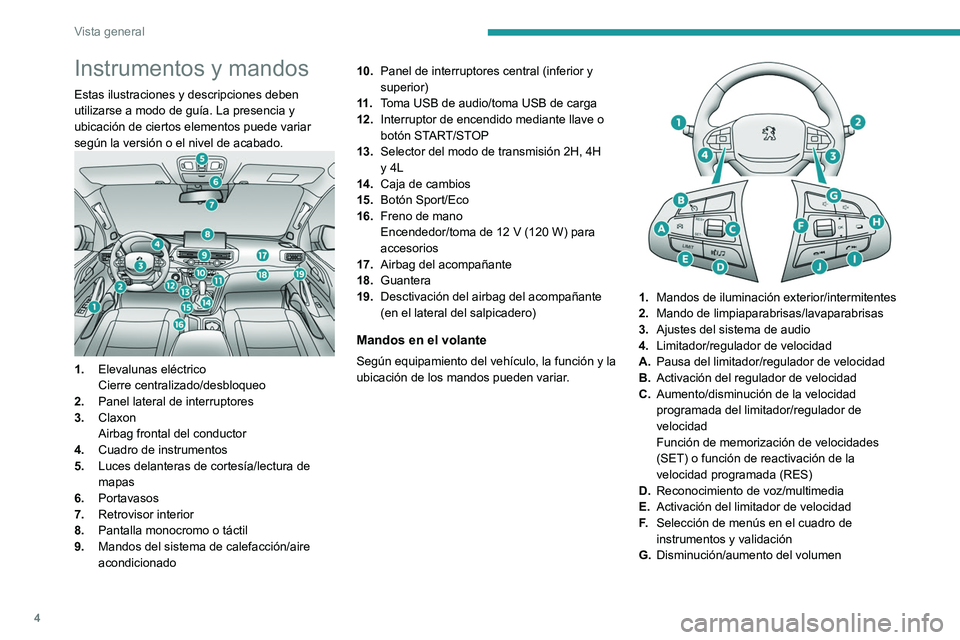 Peugeot Landtrek 2021  Manual del propietario (in Spanish) 4
Vista general
Instrumentos y mandos
Estas ilustraciones y descripciones deben 
utilizarse a modo de guía. La presencia y 
ubicación de ciertos elementos puede variar 
según la versión o el nivel