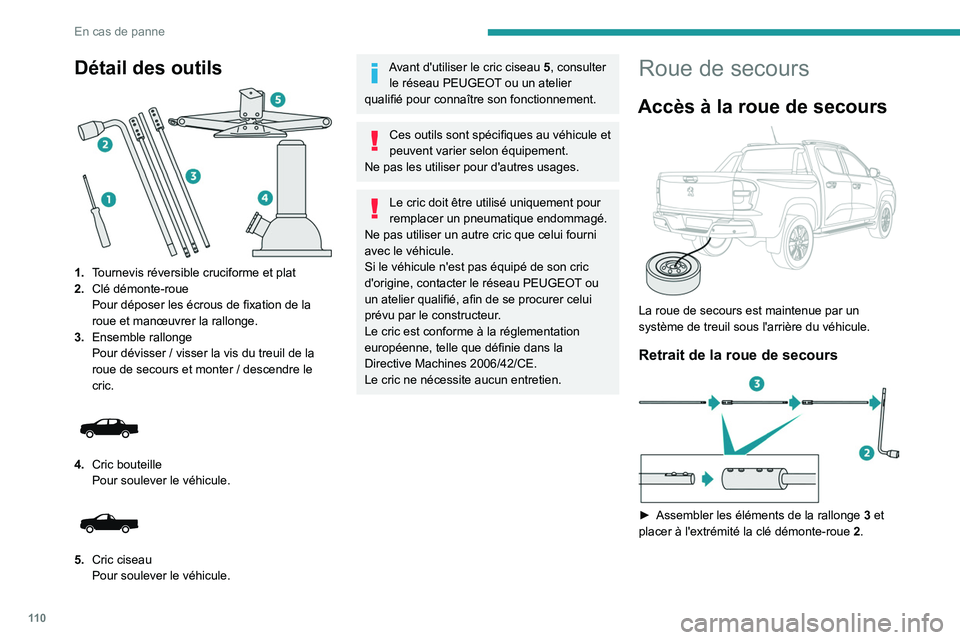 Peugeot Landtrek 2021  Manuel du propriétaire (in French) 11 0
En cas de panne
Détail des outils 
 
1.Tournevis réversible cruciforme et plat
2. Clé démonte-roue
Pour déposer les écrous de fixation de la 
roue et manœuvrer la rallonge.
3. Ensemble ral