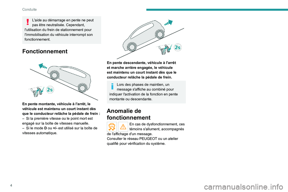 Peugeot Landtrek 2021 Manuel du propriétaire (in French) 4
Conduite
L'aide au démarrage en pente ne peut
pas être neutralisée. Cependant,
l'utilisation du frein de stationnement pour
l'immobilisation du véhicule interrompt son
fonctionne Peugeot Landtrek 2021 Manuel du propriétaire (in French) 4
Conduite
L'aide au démarrage en pente ne peut
pas être neutralisée. Cependant,
l'utilisation du frein de stationnement pour
l'immobilisation du véhicule interrompt son
fonctionne