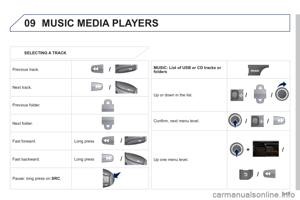 Peugeot 807 2013  Owners Manual 9.43
09
/
/
//
//
/
+/
/
/
MUSIC MEDIA PLAYERS 
   
 
SELECTING A TRACK
Previous track.
Next track.  
Pr
evious folder.   
N
ext folder.   
F
ast forward. 
F
ast backward. 
Pause: lon
g press on  SRC.
