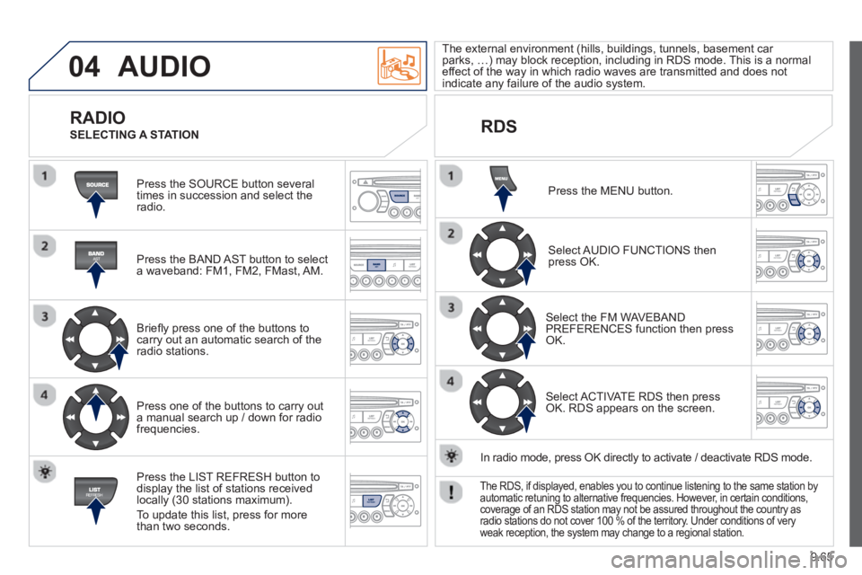 Peugeot 807 2013  Owners Manual 9.65
04  AUDIO 
 
Press the SOURCE button several 
times in succession and select theradio.  
   
Press the BAND A
ST button to select 
a waveband: FM1, FM2, FMast, AM.  
   
Brieﬂ 
y press one of t