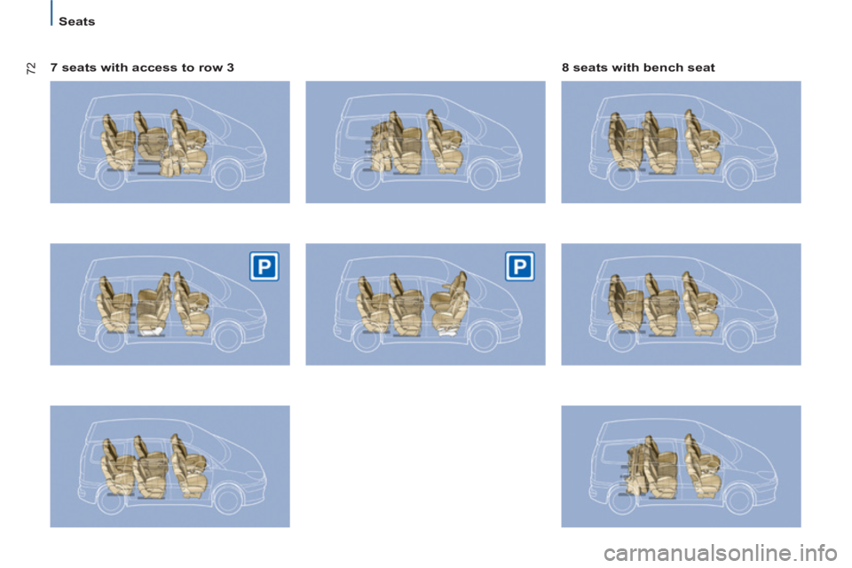 Peugeot 807 2013  Owners Manual 72
   
 
Seats  
 
   
7 seats with access to row 3    
8 seats with bench seat   