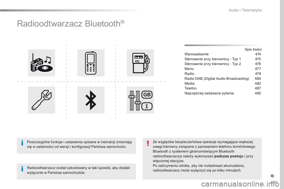 Peugeot Traveller 2016  Instrukcja Obsługi (in Polish) 473
Traveller-VP_pl_Chap10d_RD6_ed01-2016
Radioodtwarzacz Bluetooth®
Spis treści
Wprowadzenie 4 74
Sterowanie przy kierownicy - Typ 1
 
4
 75
Sterowanie przy kierownicy - Typ 2
 
4
 76
Menu
 47

7
R