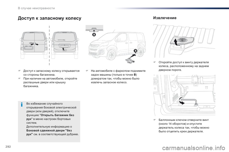 Peugeot Traveller 2016  Инструкция по эксплуатации (in Russian) 292
Traveller-VP_ru_Chap08_En-cas-de-panne_ed01-2016
F Доступ к запасному колесу открывается со стороны багажника.
F
 
П
 ри наличии на 