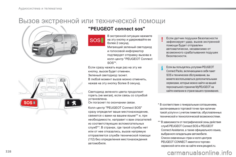 Peugeot Traveller 2016  Инструкция по эксплуатации (in Russian) 328
Traveller-VP_ru_Chap10a_BTA_ed01-2016
Вызов экстренной или технической помощи
Если датчик подушки безопасности 
зафиксируе