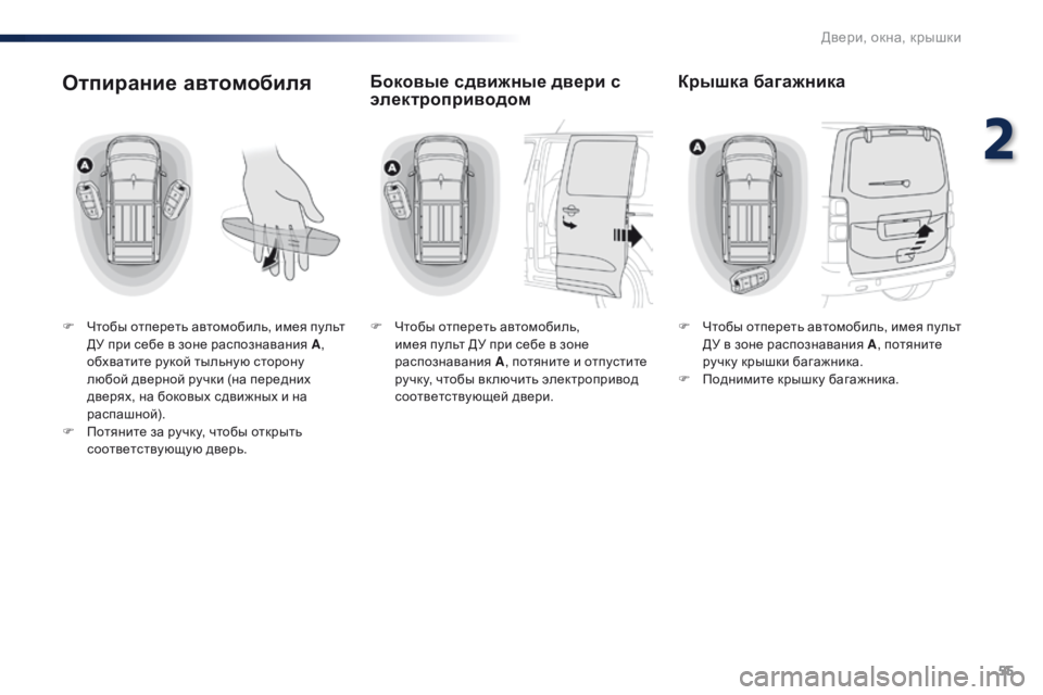 Peugeot Traveller 2016  Инструкция по эксплуатации (in Russian) 55
Traveller-VP_ru_Chap02_ouvertures_ed01-2016
Отпирание автомобиля
F Чтобы отпереть автомобиль, имея пульт ДУ при себе в зоне расп