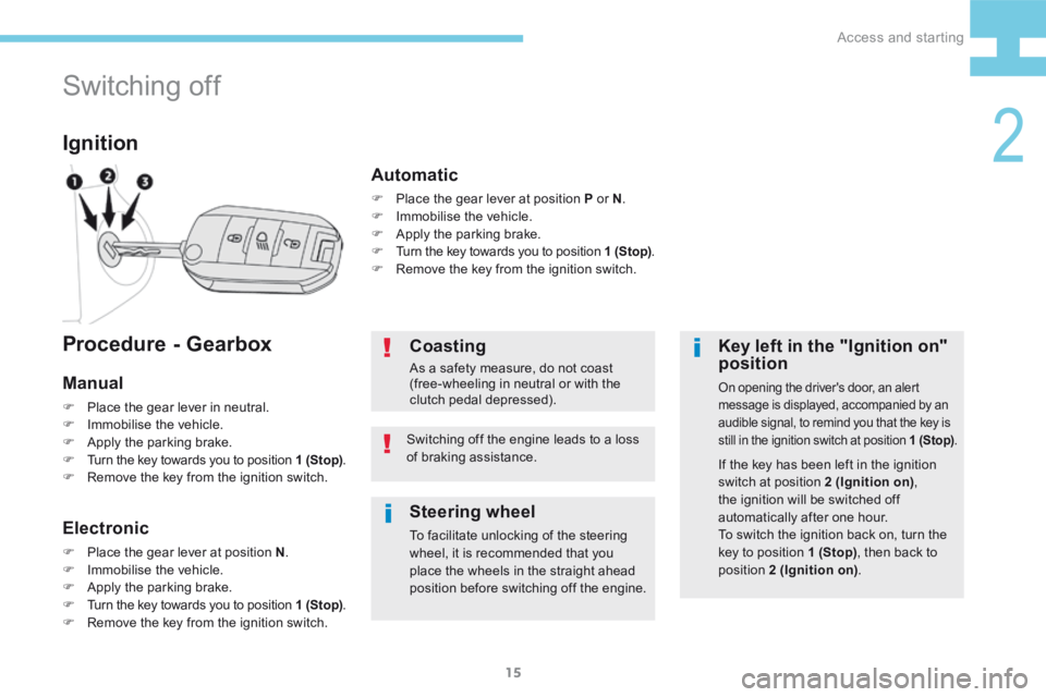 Peugeot 208 2015  Owners Manual - RHD (UK, Australia) 15
208_en_Chap02_ Acces-Demarrage_ed01-2015
Switching off
Ignition
Key left in the "Ignition on" 
position
On opening the driver's door, an alert 
message is displayed, accompanied by an 
