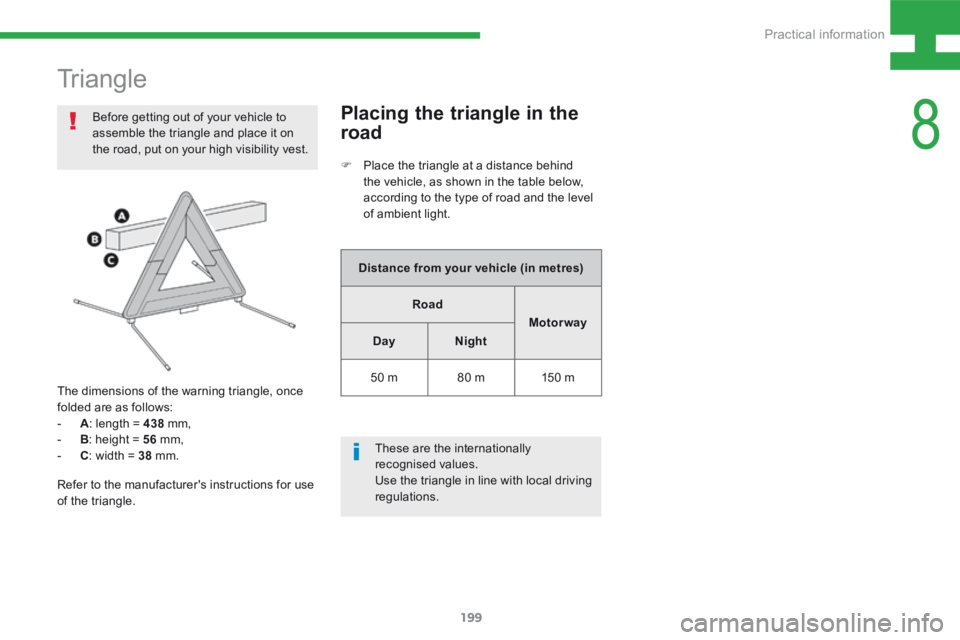 Peugeot 208 2015  Owners Manual - RHD (UK, Australia) 199
208_en_Chap08_Informations-pratiques_ed01-2015
Triangle
Before getting out of your vehicle to 
assemble the triangle and place it on 
the road, put on your high visibility vest.
The dimensions of 