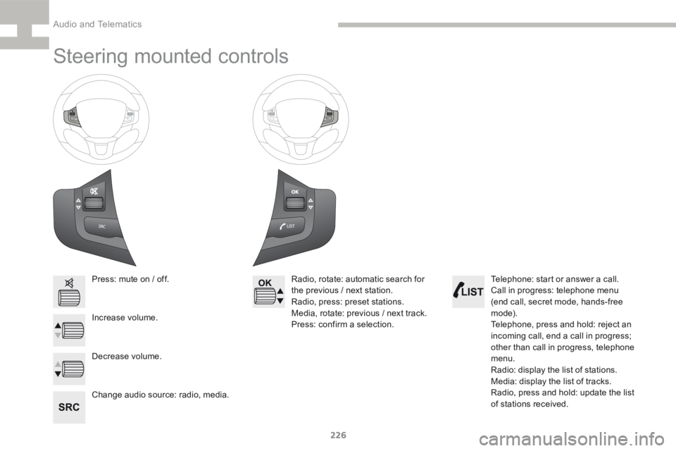 Peugeot 208 2015  Owners Manual - RHD (UK, Australia) 226
208_en_Chap9b_SMEGplus_ed01-2015
Steering mounted controls
Press: mute on / off.
Increase volume.
Change audio source: radio, media.Radio, rotate: automatic search for 
the previous / next station