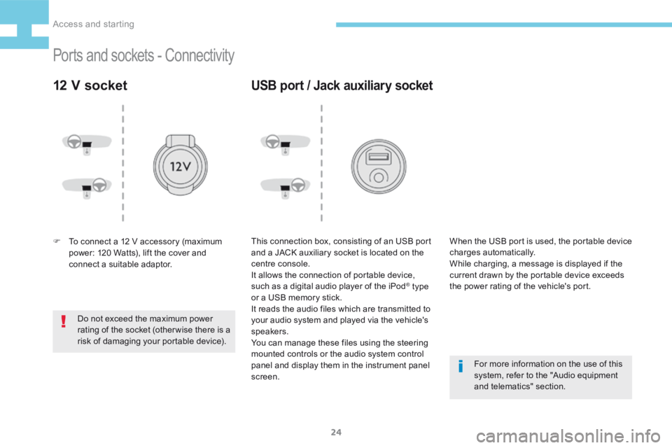 Peugeot 208 2015  Owners Manual - RHD (UK, Australia) 24
208_en_Chap02_ Acces-Demarrage_ed01-2015
Ports and sockets - Connectivity
12 V socket
F To connect a 12 V accessory (maximum 
power: 120 Watts), lift the cover and 
connect a suitable adaptor.
Do n