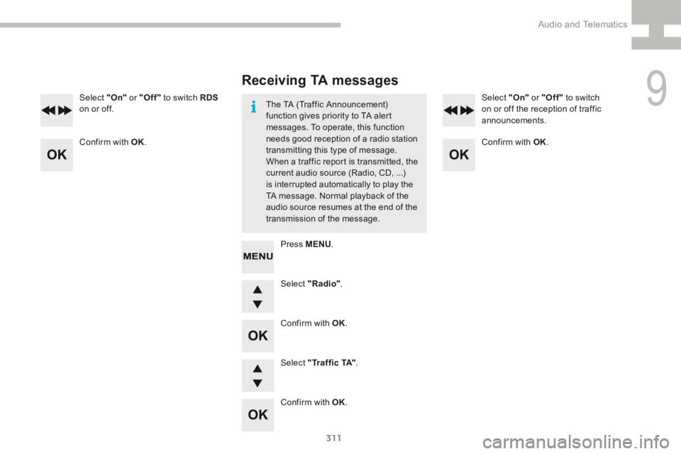 Peugeot 208 2015  Owners Manual - RHD (UK, Australia) 311
208_en_Chap9d_RDE1_ed01-2015
Select "Radio".
Select "On"
 or "Off" to switch RDS  
on or off. Select "On"
 or "Off" to switch 
on or off the reception of tr